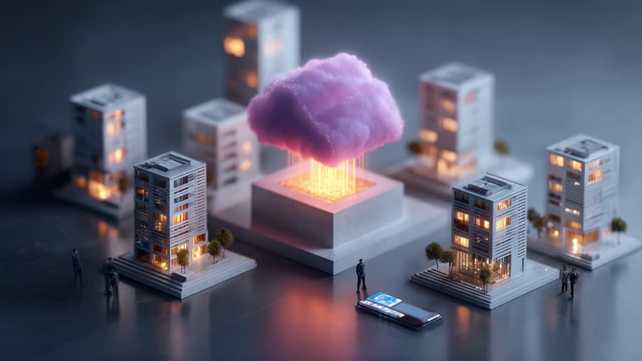 A futuristic cityscape featuring a glowing pink cloud above a central structure, surrounded by modern buildings and people interacting with innovative technology
