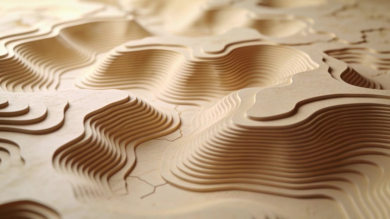 Shifting camera showing layered terrain model in studio, with paper sheets, cracks revealing depth