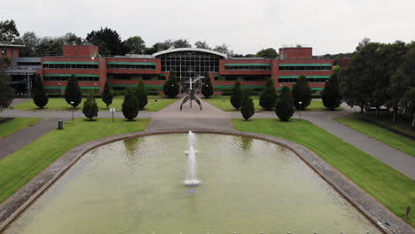 Aerial-View-of-Fountains-in-Front-of-Schumman-Building,-University-of-Limerick,-Republic-of-Ireland