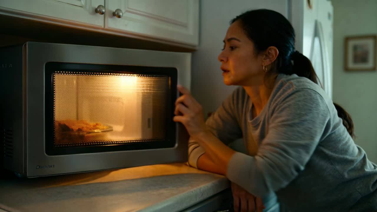 Leaning woman grey top moving plate closing microwave, heating meal at kitchen counter, copy space