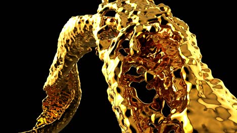 golden liquid stream 3d realistic footage. spilling orange fluid isolated on black background. oil splatters, honey, beer, whiskey splashes close up