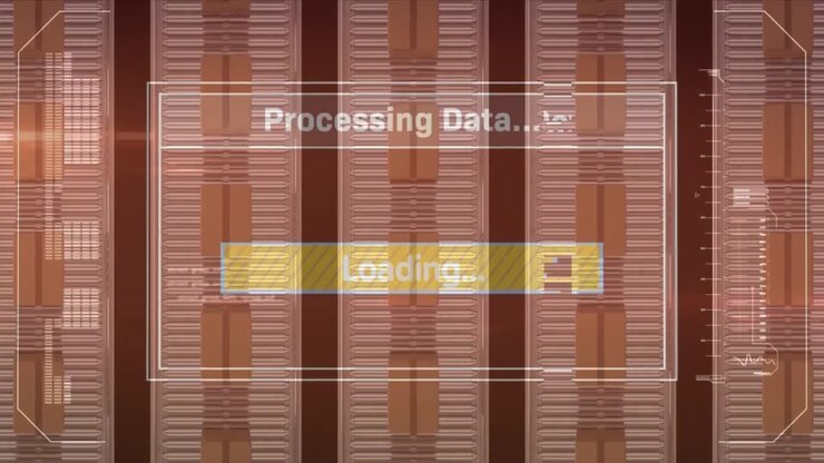 Animation of data processing over cardboard boxes on conveyor belts