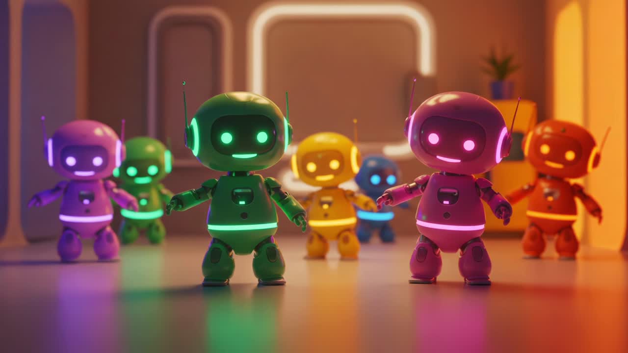 Colorful Robotic Companions Celebrate in a Futuristic Environment with Neon Lights and Playful Expressions, Showcasing the Joy of Advanced Robotics and Technology