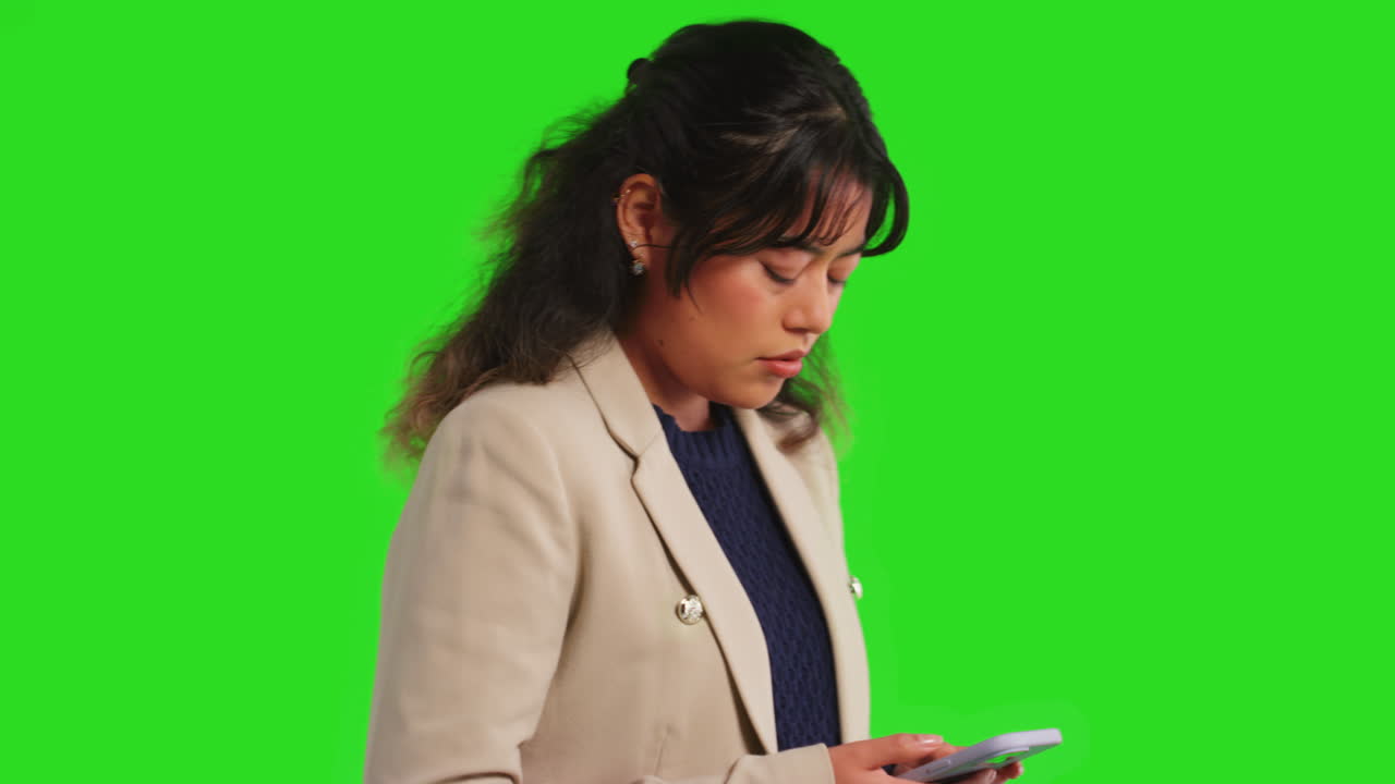 Close Up Studio Shot Of Businesswoman Using Mobile Phone To Message Or Browse Online Standing Against Green Screen