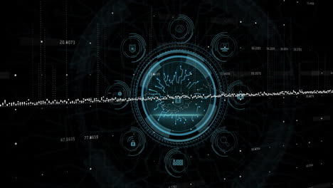 animation of digital data processing over scope scanning with icons and padlock