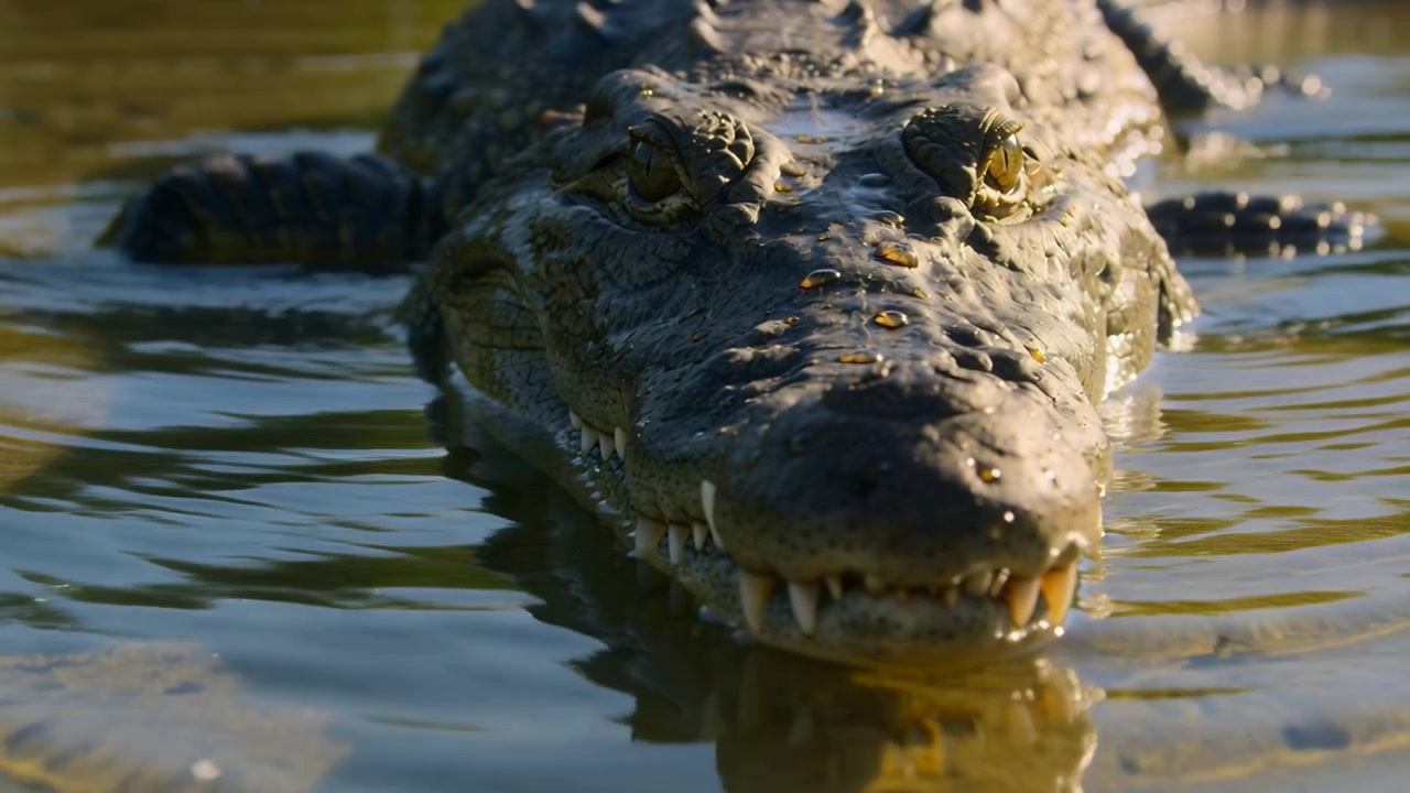Grande crocodiliano se movendo e reagindo ao sol, rastejando em direção à câmera em água rasa, mostrando o focinho.