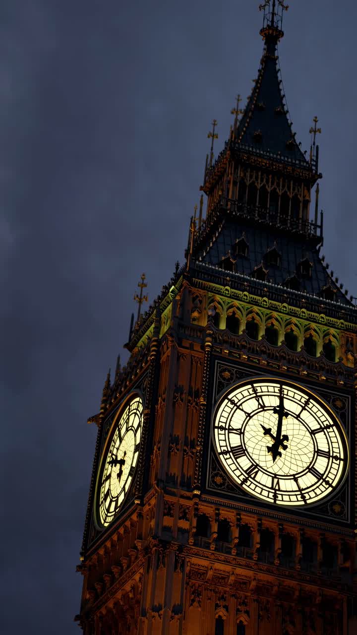 Dramatic low-angle shot of Big Ben against a moody sky, highlighting its illuminated clock face