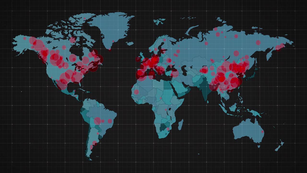 animación del mapa del mundo y los países se vuelven rojos a través de círculos en un fondo oscuro