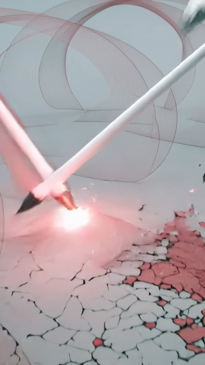 Pointed Object Striking and Cracking an Abstract Surface with Glow