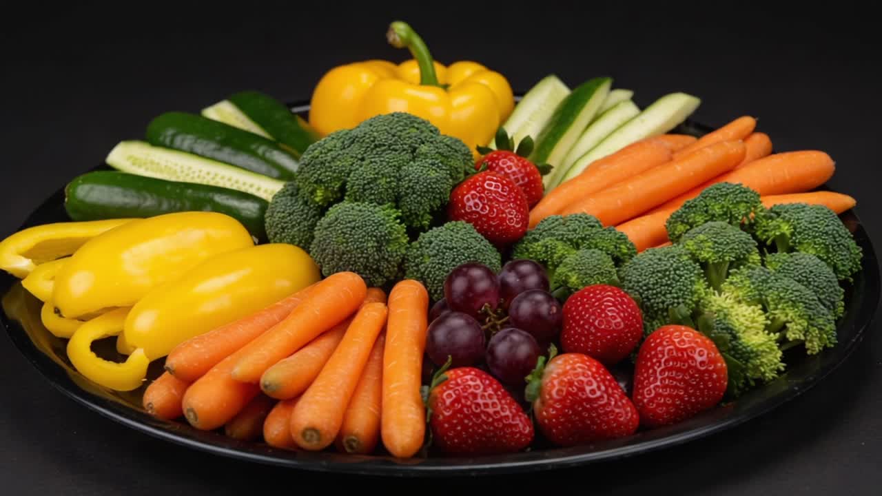 A Vibrant Arrangement of Fresh Fruits and Vegetables on a Black Plate Showcasing the Rich Colors and Textures of Nature's Bounty for a Healthy Lifestyle