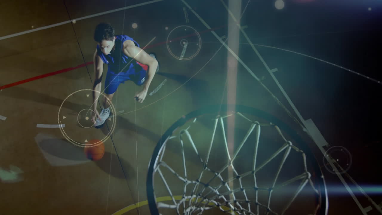 Basketball player dunking ball over dynamic sports animation