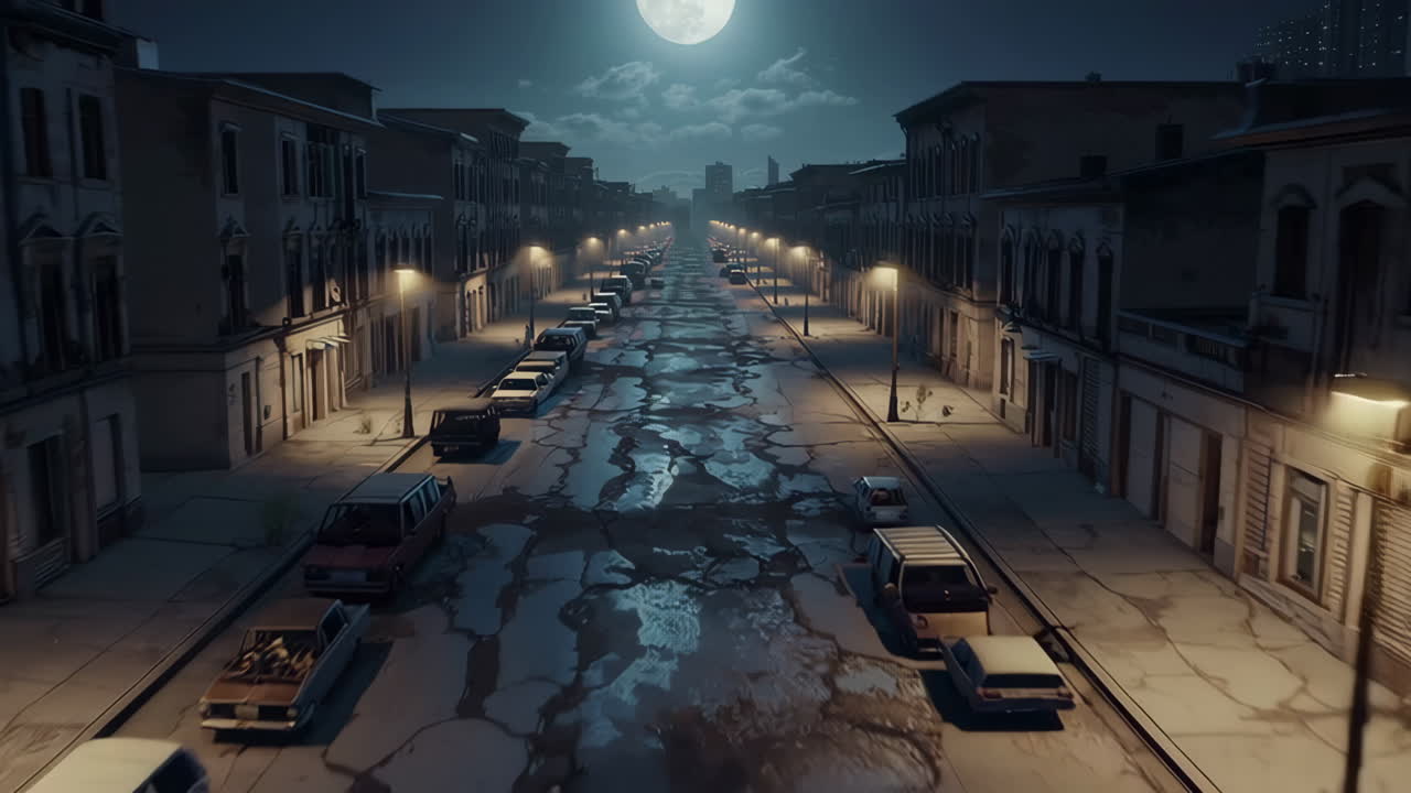 Abandoned Street at Night Under the Full Moon