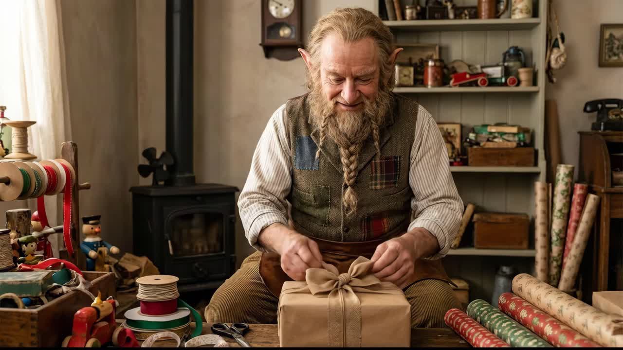 An Elf wrapping a Christmas gift