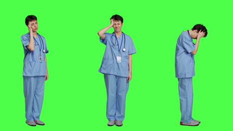 Unwell-nurse-suffering-from-a-headache-against-greenscreen-backdrop