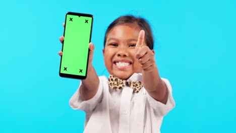 little girl, phone and mockup screen with thumbs