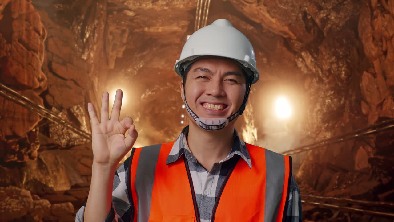 Close Up Of Asian Male Engineer With Safety Helmet Smiling And Showing Okay Gesture To The Camera While Standing In Underground Mine Tunnel