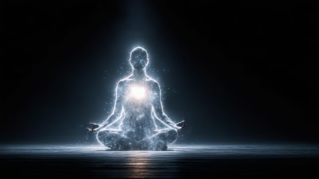 Una Figura Luminosa che Medita nell'Oscurità, Emettendo una Luce Radiosa dal Centro del Cuore, Simboleggiando la Pace Interiore e l'Illuminazione Spirituale in un'Atmosfera Contemplativa