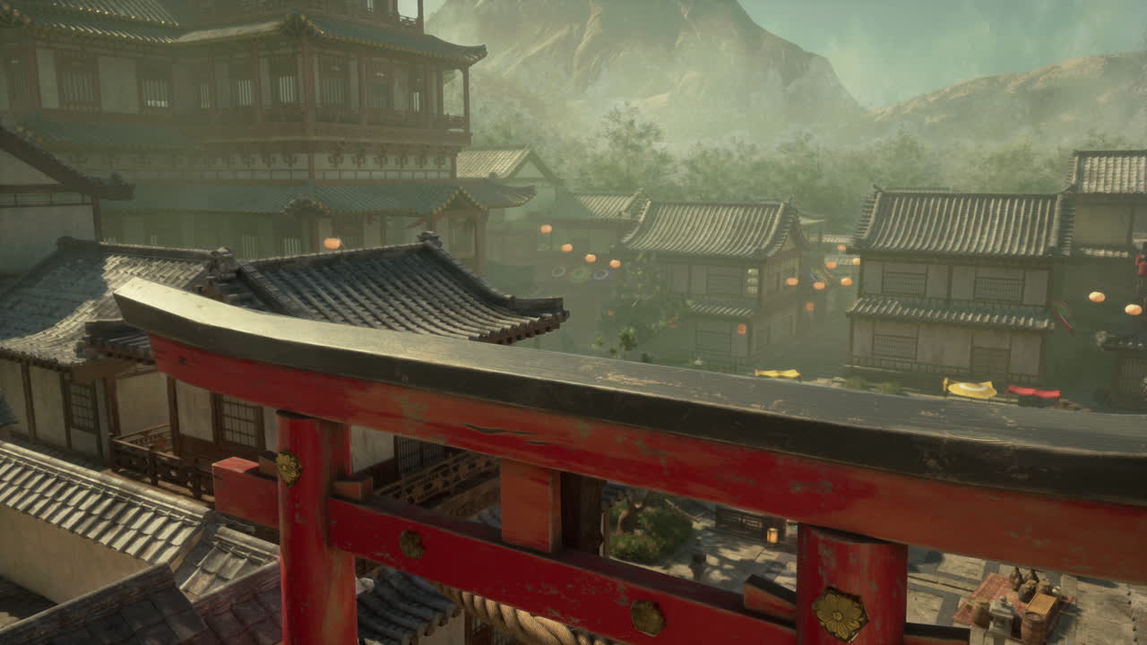 tranquila aldea japonesa con una puerta torii y una pagoda