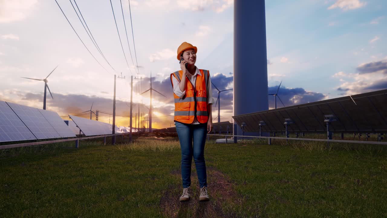 Full Body Of Asian Female Engineer With Safety Helmet Talking On Smartphone With Solar Panel and Wind Turbines