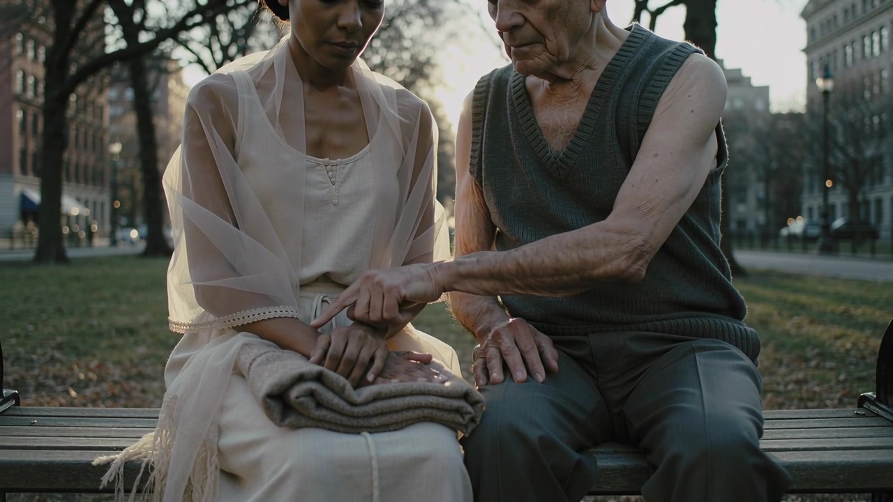 Reaching man touching her hands, withdrawing, comforting on park bench with blanket, vest and dress