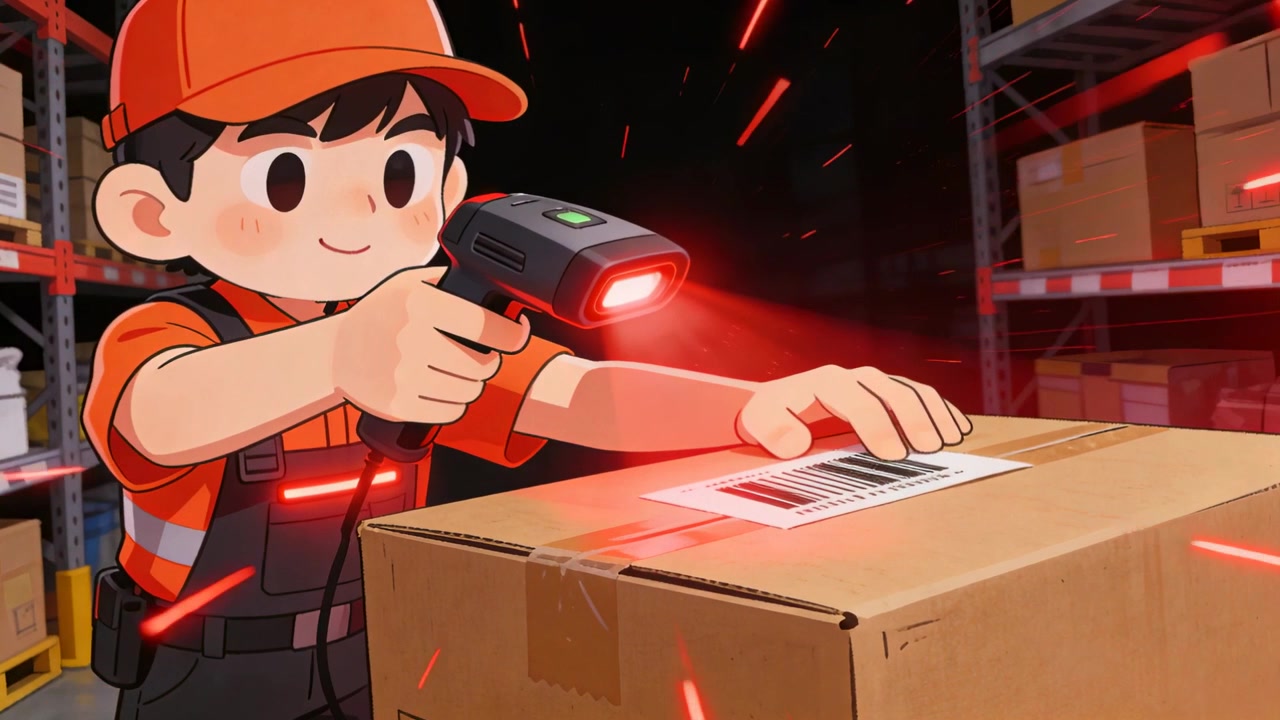 Scanning worker at packing station wearing hi-vis vest and cap, aiming scanner at box for shipping