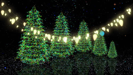 animación de árboles de navidad y luces de hadas con nieve cayendo sobre un fondo azul