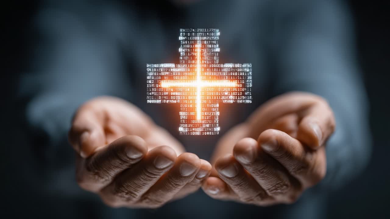 A Visual Representation of Hope: Hands Cradling a Digital Cross, Symbolizing Healing and Transformation Through Technology and Innovation in Modern Medicine