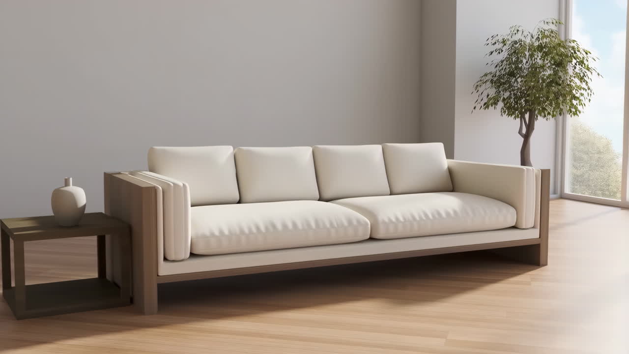 Modern Living Room Interior with Light Sofa and Potted Plant