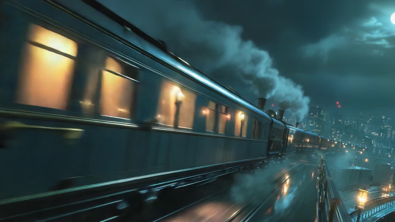 A Mystical Train Journey Through a Rainy Night Cityscape, Capturing the Essence of Adventure and Mystery Amidst Steam and Urban Lights