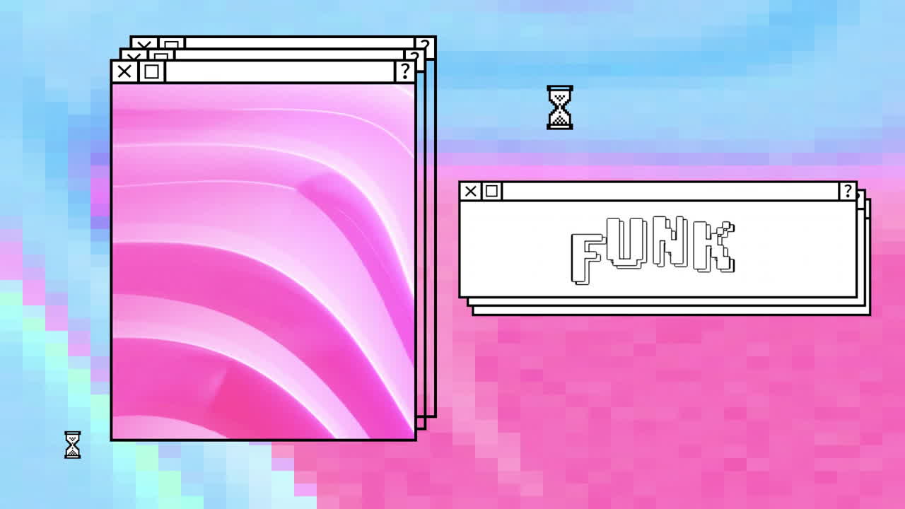 Animation of digital interface with funk text and pink shapes on colourful background