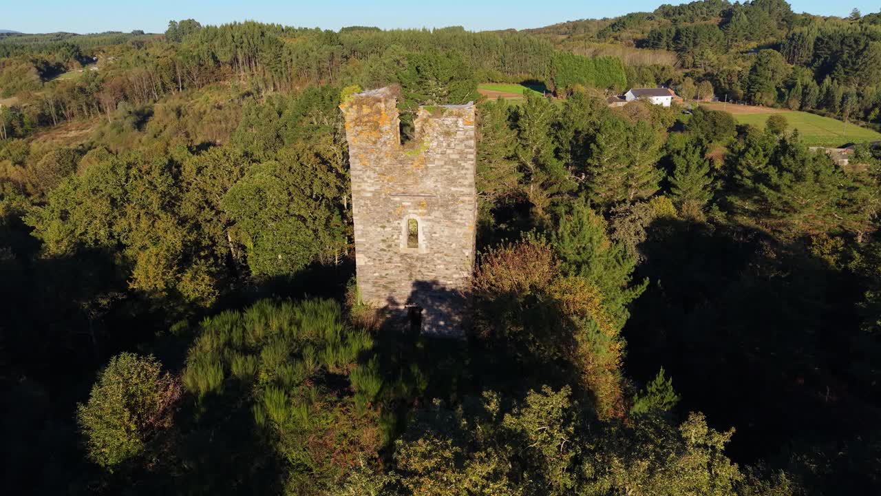 Ruins Of Castle Caldaloba In Cospeito, Lugo, Spain - Aerial Shot