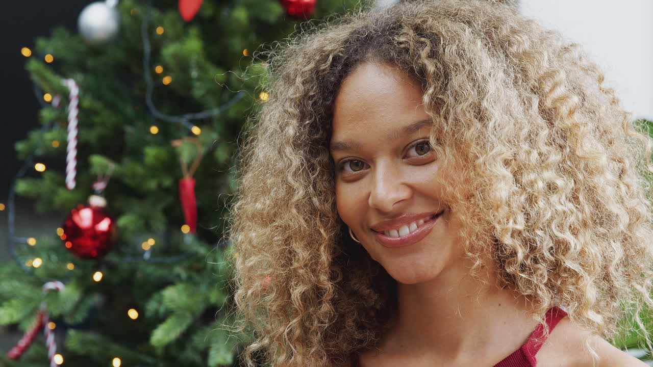 retrato de una mujer sonriente de pie junto al árbol de navidad en casa