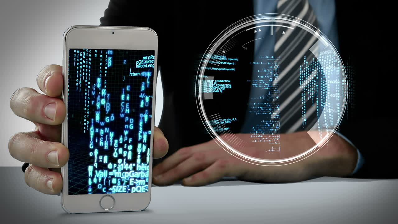 рука показывает мобильный телефон с виртуальным цифровым интерфейсом