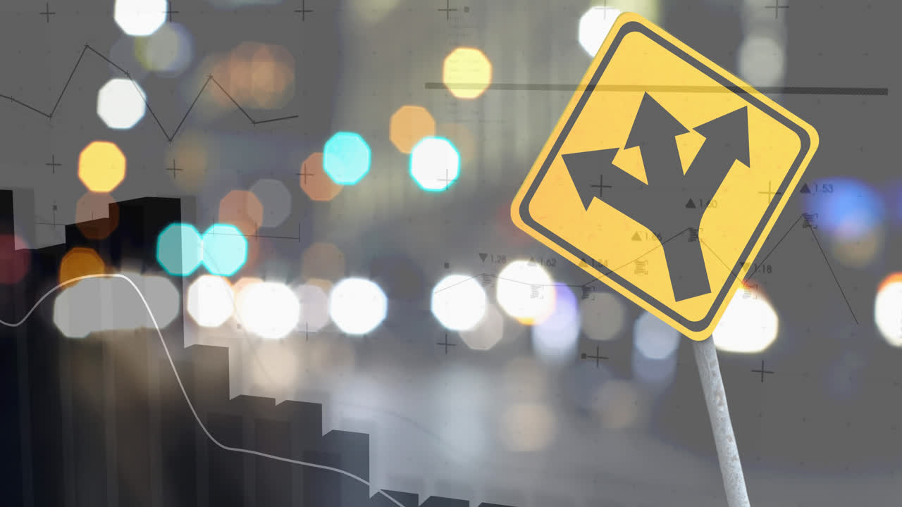 도로 표지판과 도시 풍경에 대한 금융 데이터 처리의 애니메이션