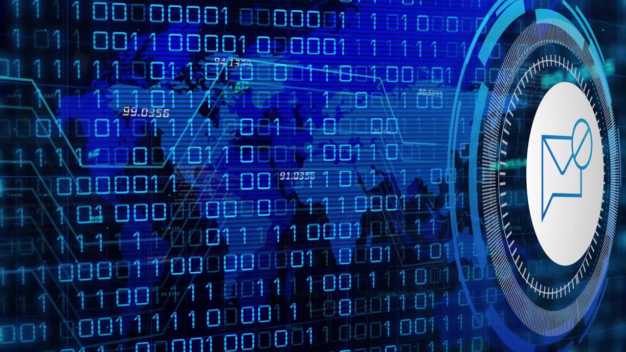 animación del procesamiento de datos con el icono del sobre sobre un fondo azul