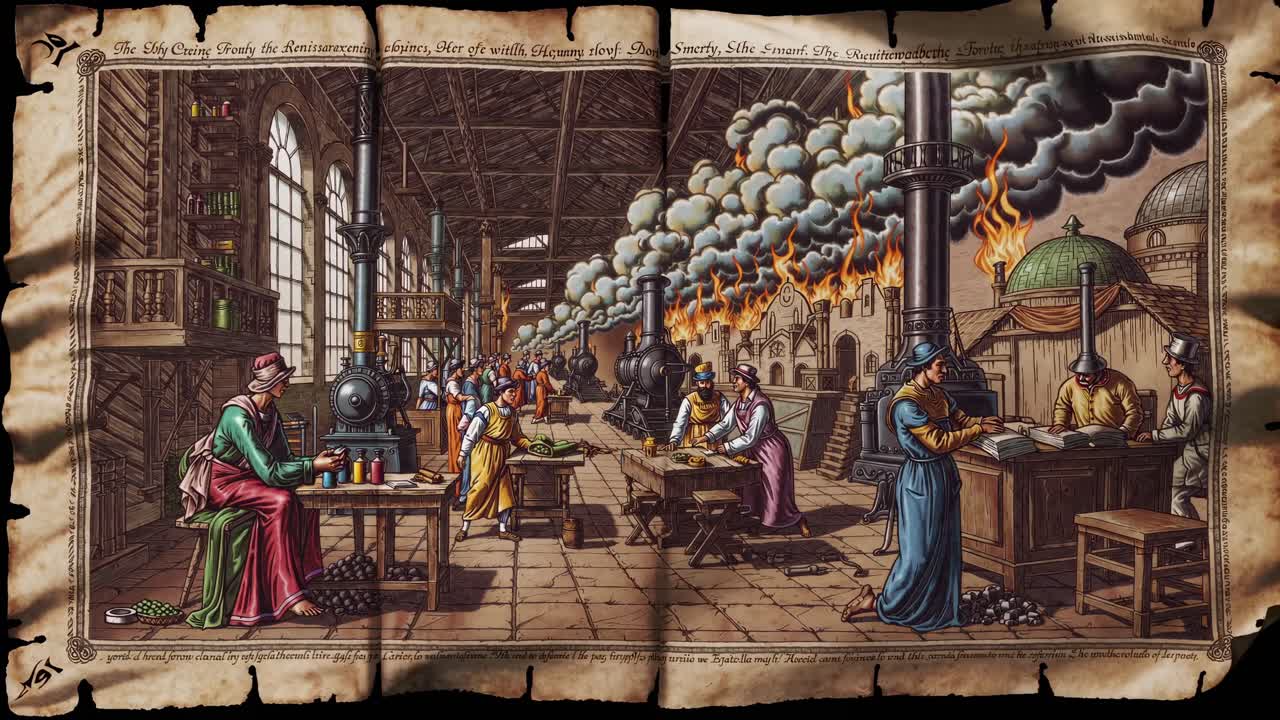 Ancient scroll illustration depicting historical scenes in sepia tone