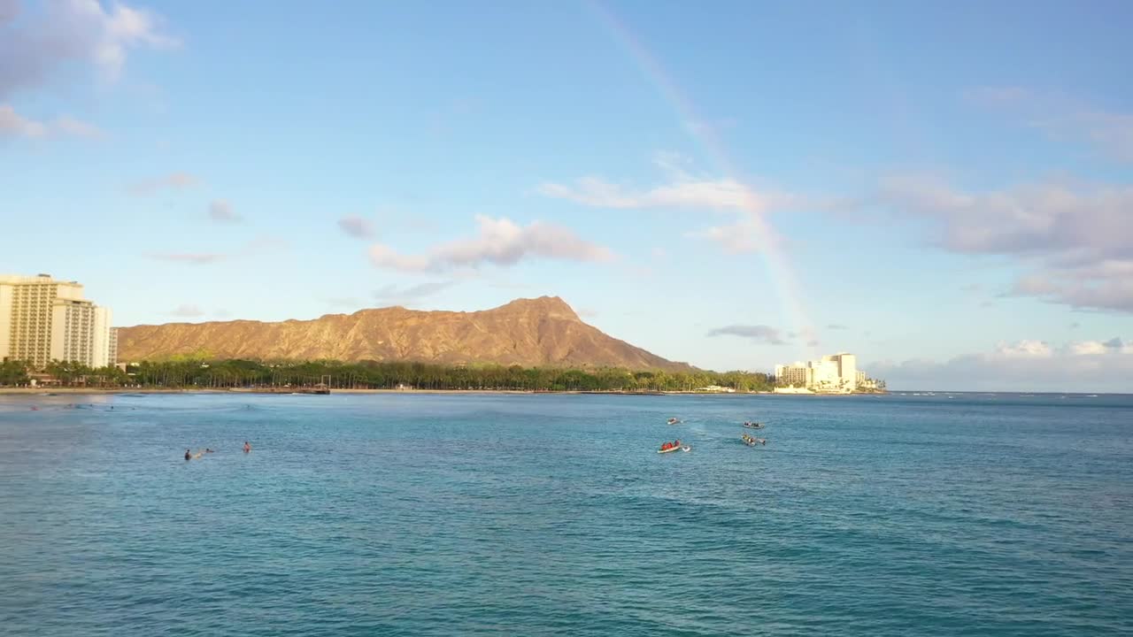 Rainbow over Diamond Head with Outrigger Canoes in Waikiki
