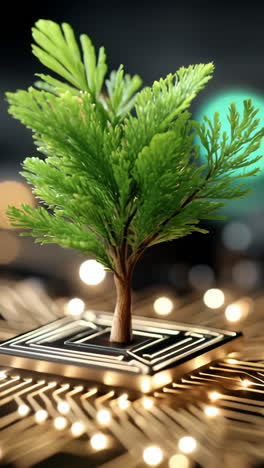 tree on circuit board symbolizes tech. a small green tree grows from a circuit board, symbolizing nature's link to technology in modern settings.