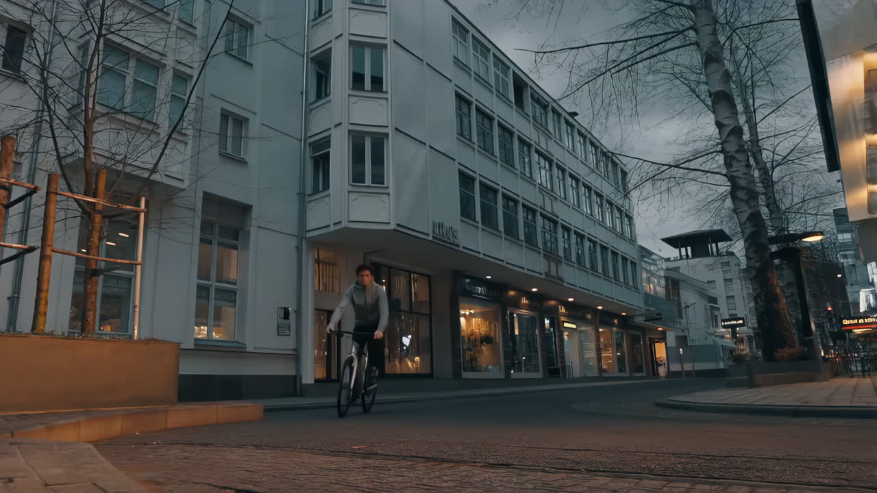 A person riding a bicycle on an urban street with shops and buildings, transitioning to an empty street scene