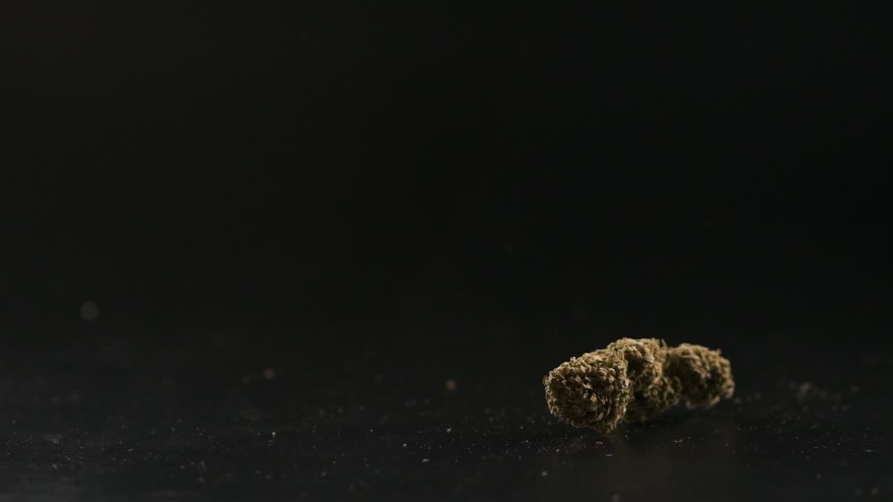 Marijuana buds falling down on a dark background.