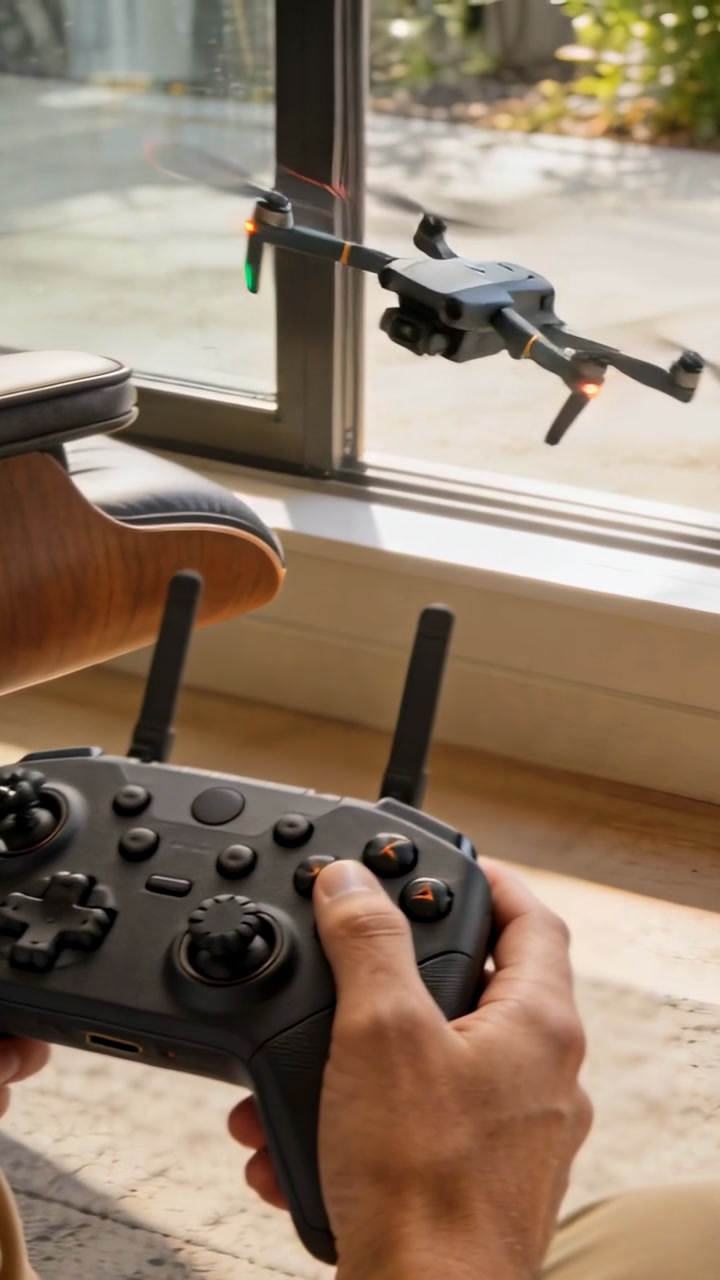 Vertical video: Moving sticks, adult hands steering black controller by window, causing drone lift