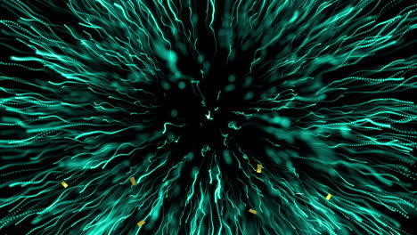 Animation of gold confetti falling and blue firework exploding on black background