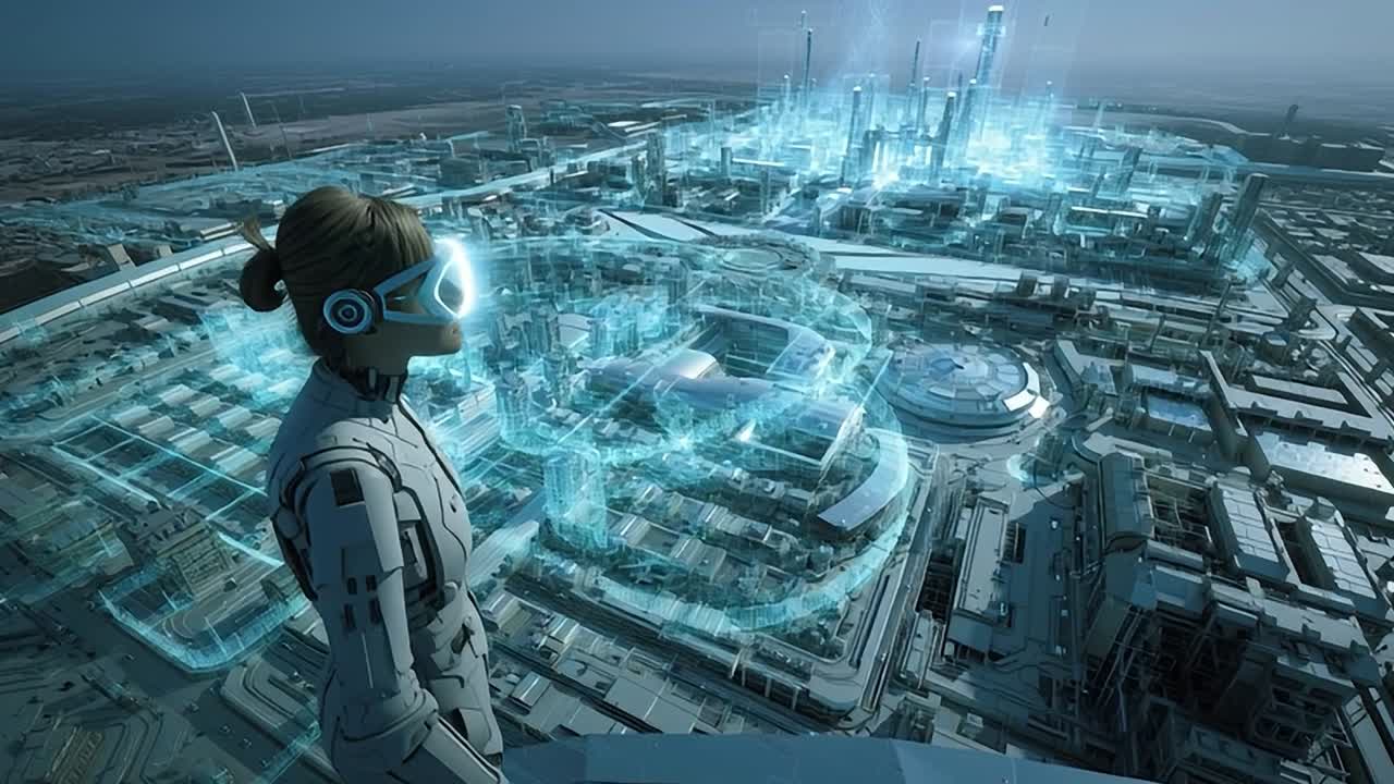 Futuristic cityscape view with a person observing advanced technology
