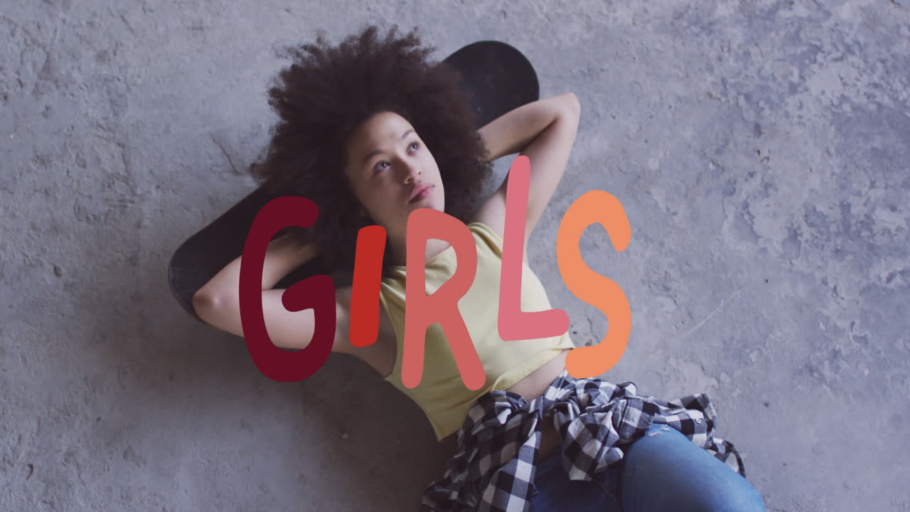 Animation of girl text over woman lying on the floor