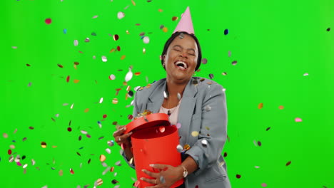 black woman, gift and confetti with party on green