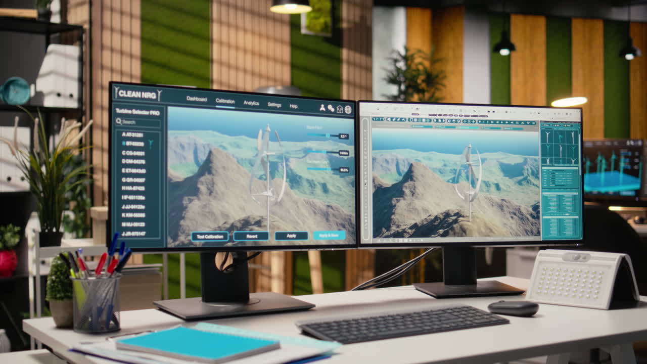 Futuristic Windmill Prototype Simulation On Pc Screens In Rd Office