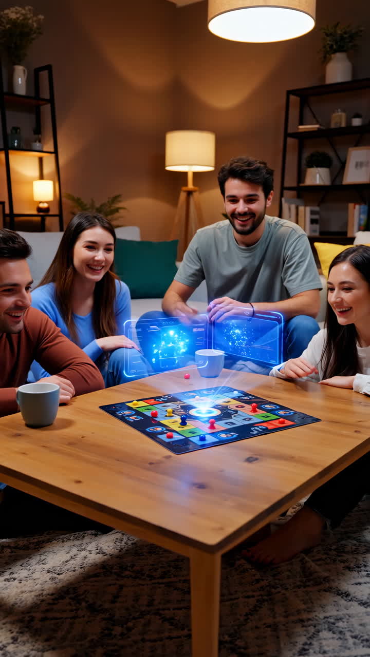 Friends Playing Futuristic Augmented Reality Board Game at Home