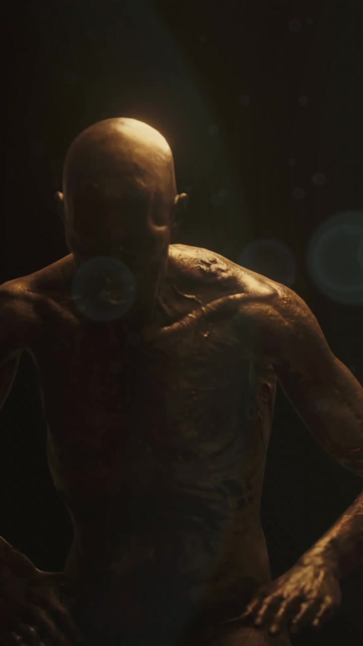 Animation af beskadiget, ridset film af en skræmmende zombiefigur i en mørk korridor, som holder sig for hovedet i smerte