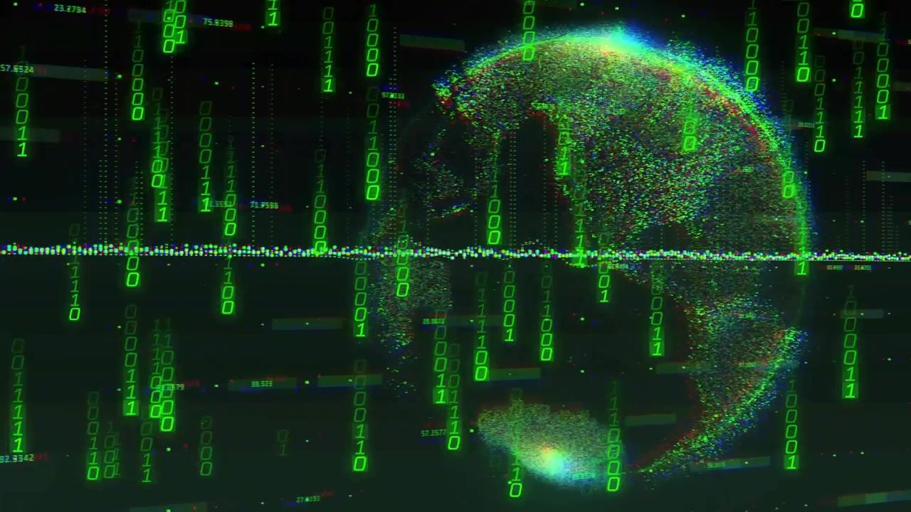 Upon startup launching binary code cascading, dotted globe emerging rotating for data visualization