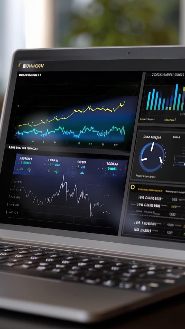 Dynamic Data Visualization on Laptop Screen Showcasing Analytics and Trends with Graphs and Statistical Information for Data-Driven Decision-Making